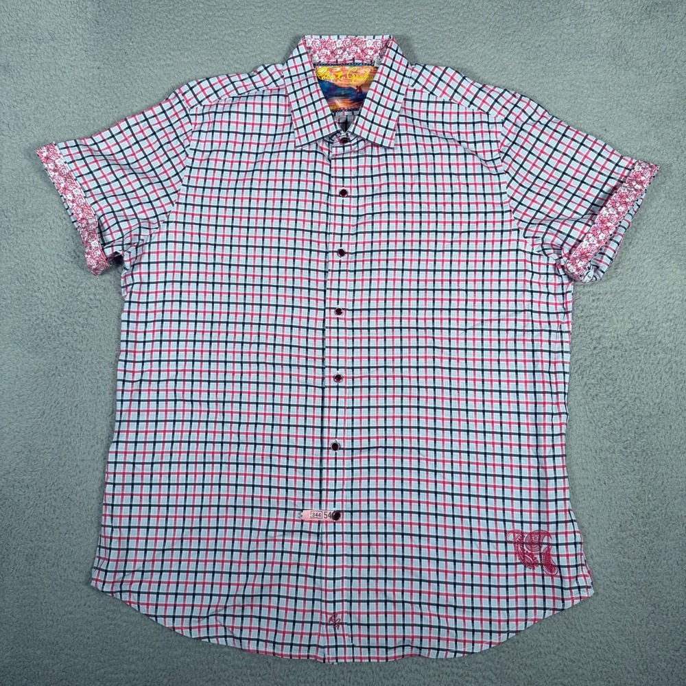 Robert Graham Shirt Mens XL Pink Blue Plaid Button Up Short Sleeve Classic